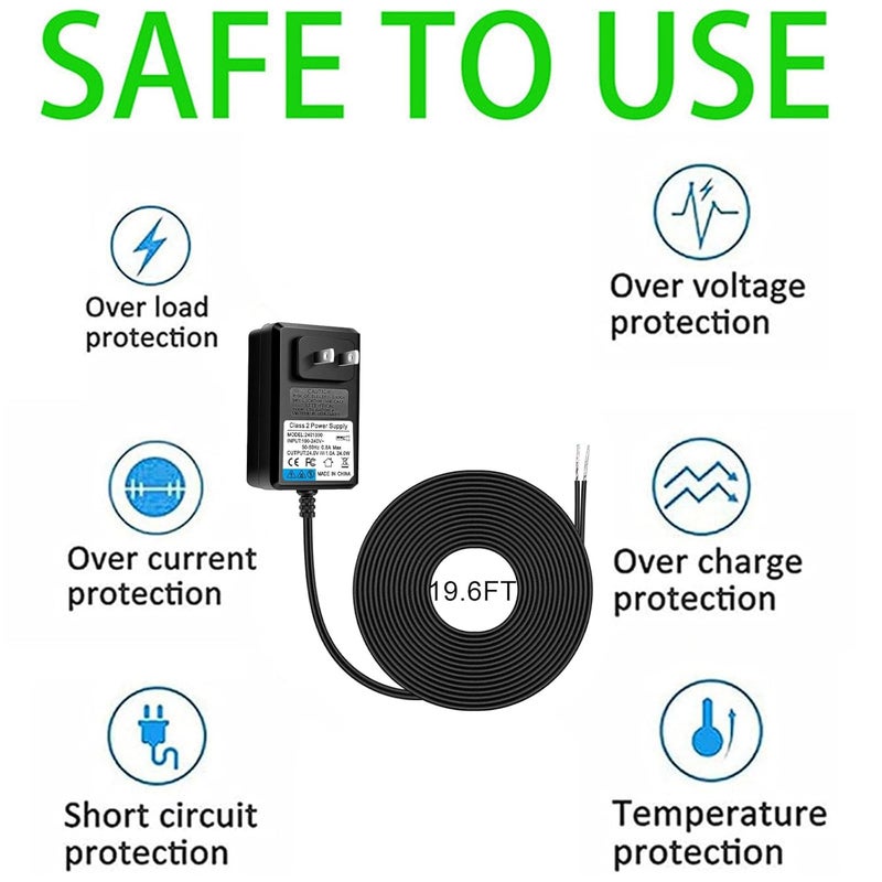 Ousaly 24V Doorbell Transformer - 110V/120V AC to DC 24V Adapter - Compatible with Ring Doorbell, Thermostat, LED Strip Light - 19.6FT Black Cord - Image 4